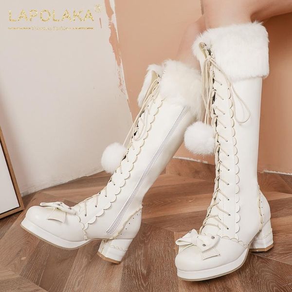 

boots brand large sizes 43 fashion sweet lolita cosplay bow fur ball snow female keep warm plush winter women shoes footwear, Black