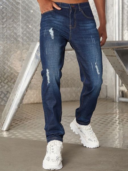 

men high waist ripped straight leg jeans 13bk#, Blue