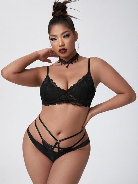 

plus floral lace cut-out lingerie set l4dh#, Black;white