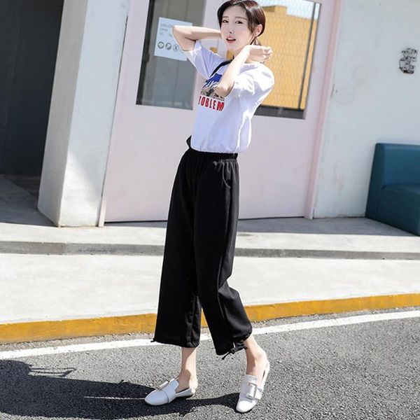 

summer women casual elastic high waist 2021 fashion knickerbockers lace up ankle length pants trousers women's & capris, Black;white