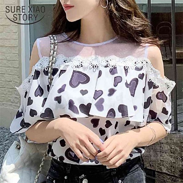 

summer women blouse ruffles print chiffon short sleeve shirts off shoulder s and s 4747 50 210506, White