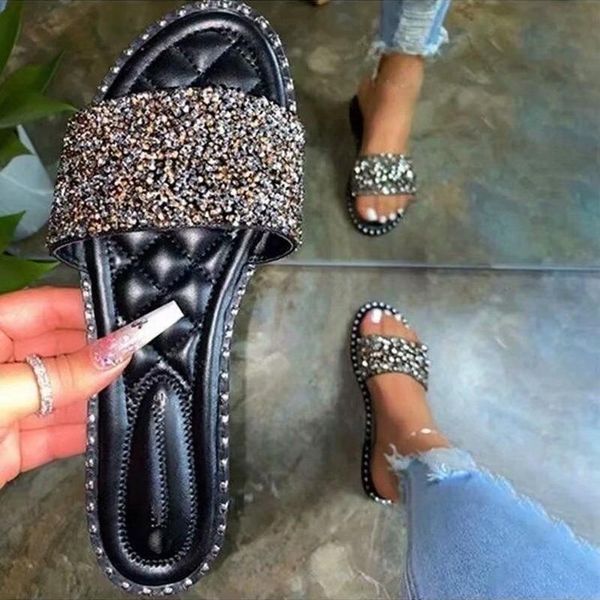 

slippers women's crystal gold glitter fish mouth vacation beach shoes outdoor non-slip open-toed sandals casual, Black