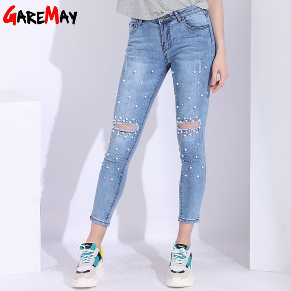 Разорванные джинсы скинни для женщин Длина лодыжки жемчужные бусины женщины винтажные тонкие джинсовые карандашные брюки отверстие 210428