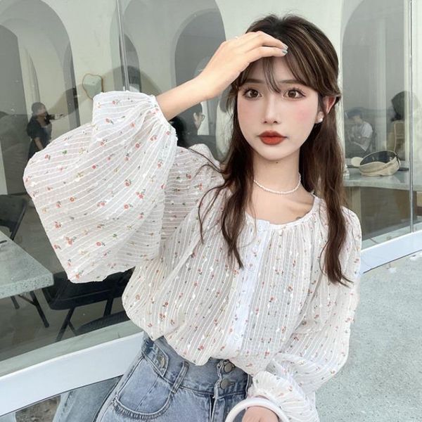 

women's blouses & shirts fresh o neck puff sleeve floral blouse women slim chic korean style full chiffon blusas mujer sweet single-br, White