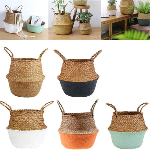

storage baskets folding rattan basket 16/19cm woven seagrass flower pot laundry toys sundries clothes kitchen gadgets home decor