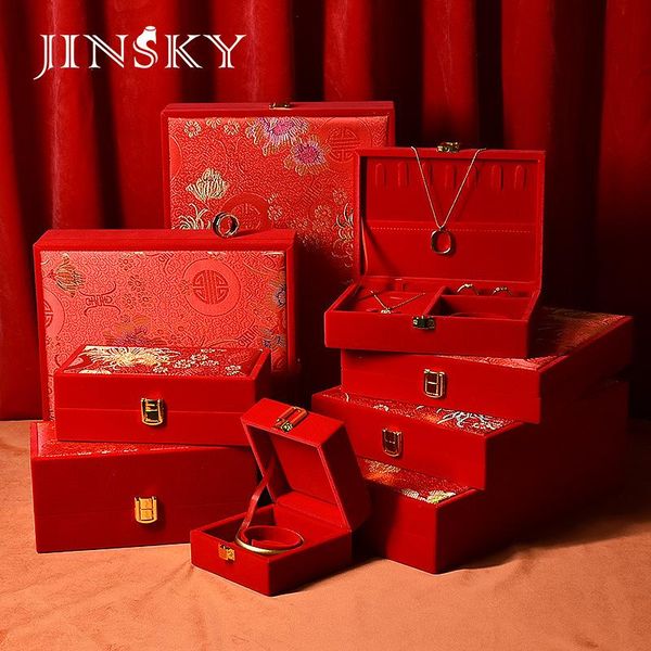 

jewelry pouches, bags gold box, red velvet dragon and phoenix bracelet, four-piece suit wedding dowry gift three boxes, Pink;blue