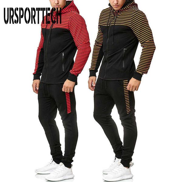 

striped tracksuit men set spring autumn sweat suit set mens sporting clothing hoodie + sweatpants 2 pieces jogger outfit 210528, Gray