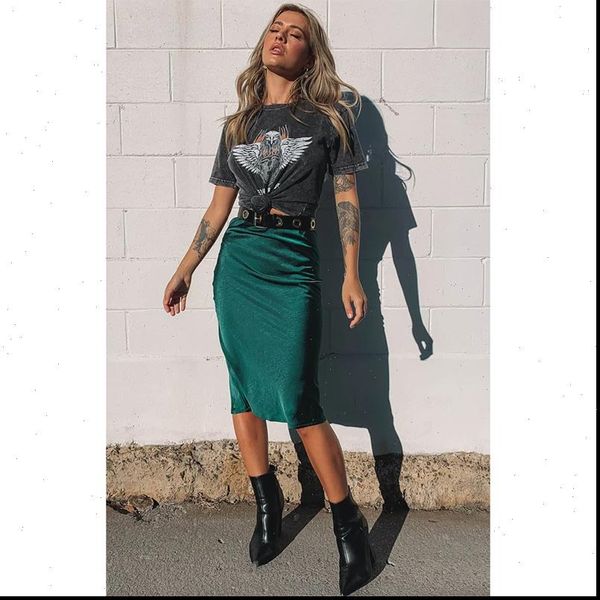

elegant glossy satin fashion party womens skirt office solid high waist emerald, Black