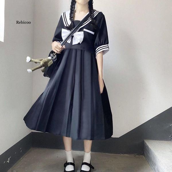 

casual dresses women dress autumn japanese dark style navy collar long sleeve sweet bow high waist pleated jk sailor school girl uniform, Black;gray