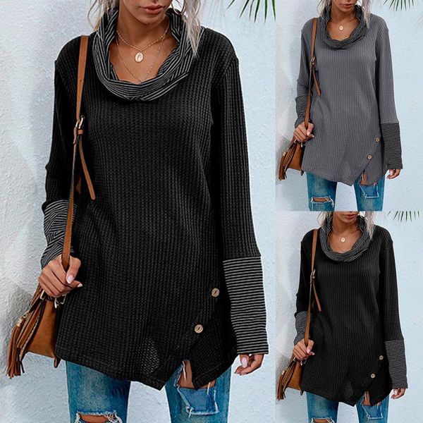 

women's hoodies & sweatshirts casual long sleeve pullover turtleneck pile collar bottoming shirt blouse autumn striped stitching, Black