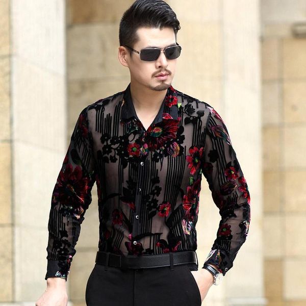 

men's casual shirts mens long sleeve floral see through club, White;black