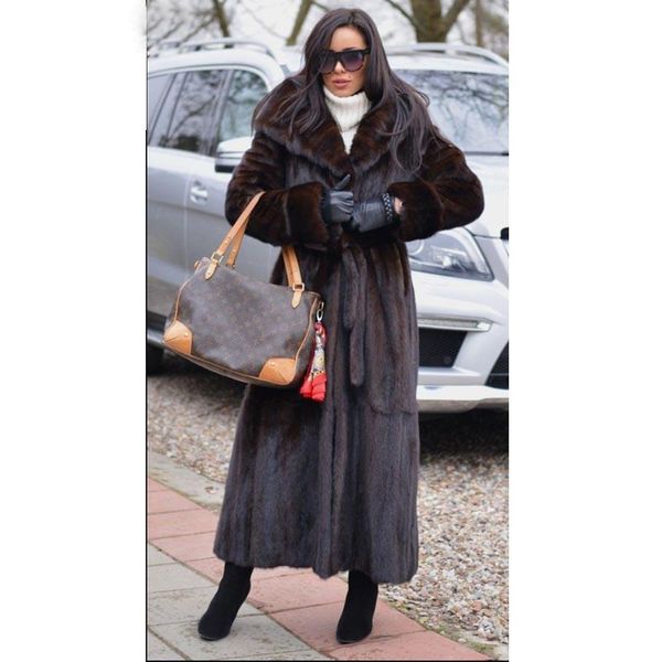 

women's fur & faux fashion women natural mink coat outwear 120cm long full pelt coats with hood luxury woman overcoat, Black