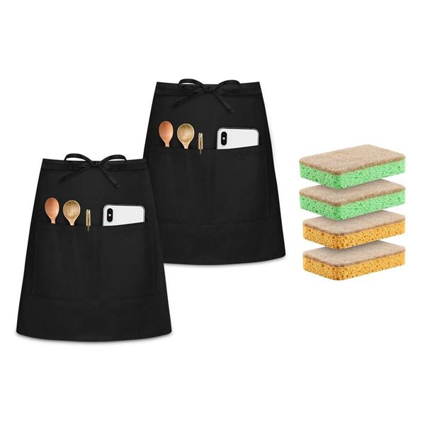 

aprons 2x cotton large size waist apron, 2 pockets & set of 10 scratch resistant natural cellulose cleaning sponges