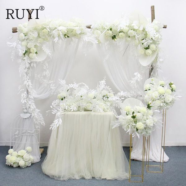

wedding triangle flower row table centerpiece ball arch arrangement artificial white silk wall background decorative flowers & wreaths
