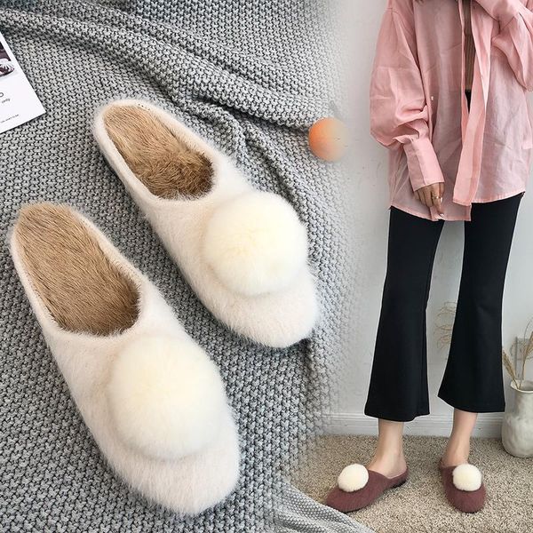 

cuter mixed colos pompon fur slippers women pantuflas plush shoes for sandals cozy furry mules lovely ball slides 2021, Black
