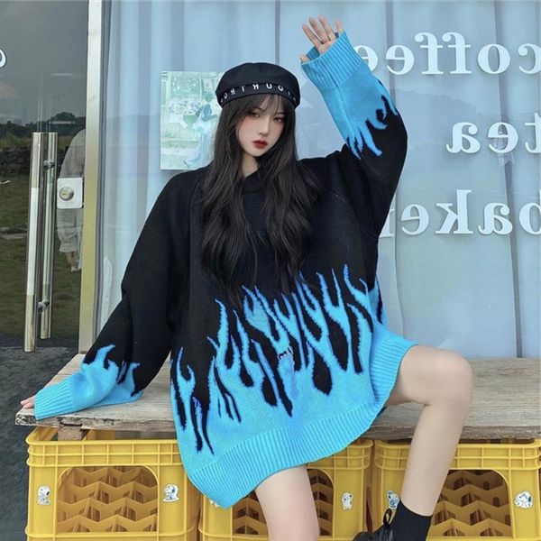 

winter autumn women pullover womens sweater o neck knitted loose plus size flame color matching female leisure street wear, White;black
