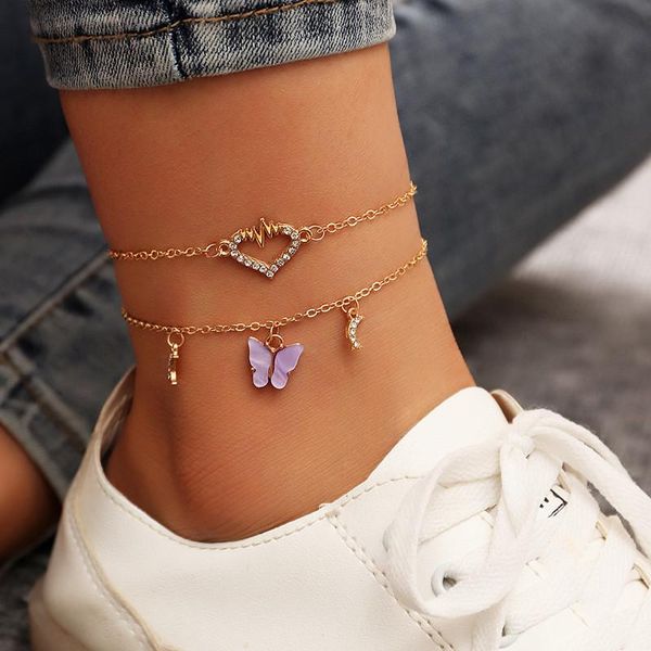 

anklets hi man 2pcs/set korean micro-inlaid zircon heart moon butterfly anklet women fashion charm birthday gift jewelry, Red;blue