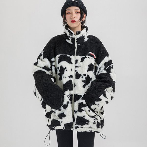 

women's wool & blends harajuku cow zebra zipper lamb jackets coat womens stand collar casual loose oversize fleece jacket autumn w, Black