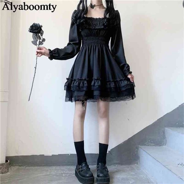 Japon Lolita Tarzı Kadınlar Prenses Siyah Mini Elbise Slash Boyun Yüksek Bel Gotik Puf Kollu Dantel Ruffles Parti ES 210623