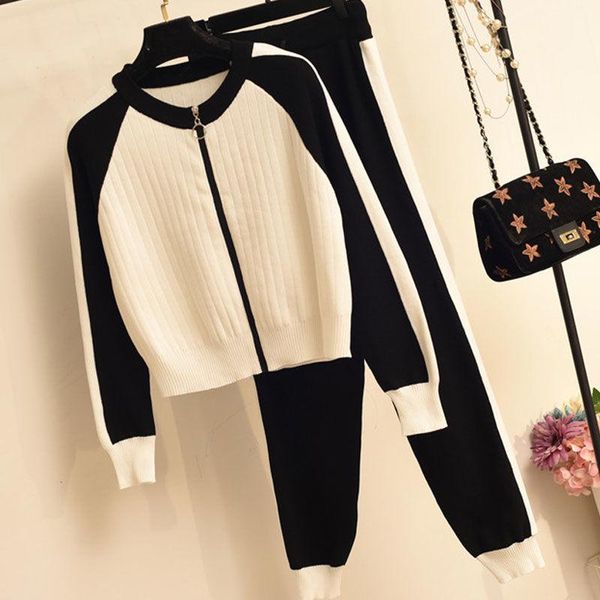 

women's two piece pants 2021 women autumn elegant knitted suit female o-neck long-sleeve zipper cardigan wide leg pant set ladies casua, White