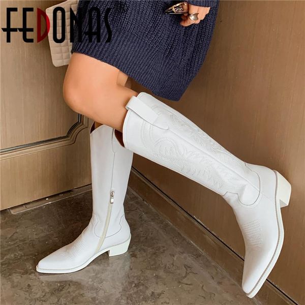 

boots fedonas embroidery women knee high genuine leather thick heels warm autumn winter knight shoes, Black