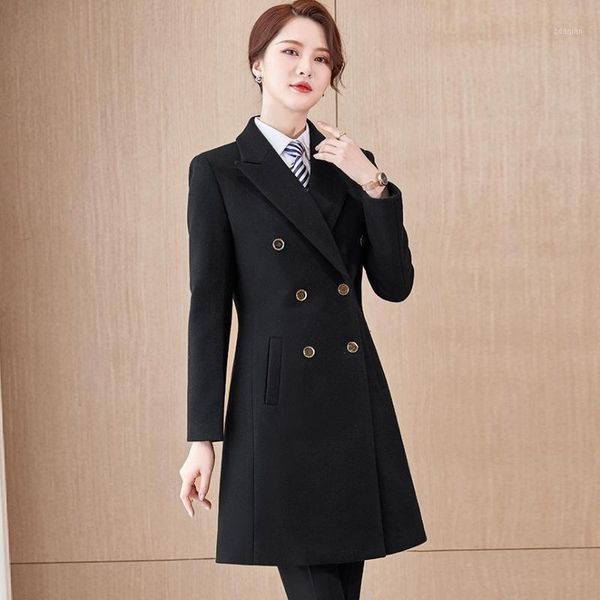 

women's trench coats fashion autumn and winter women coat long wool warm slim elegant ladies office work wear clothes black, Tan;black