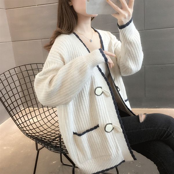 

women's sweaters korean autumn knitting women's cardigan sweater loose with long sleeve cleavage pocket middle female knitted coat, White;black