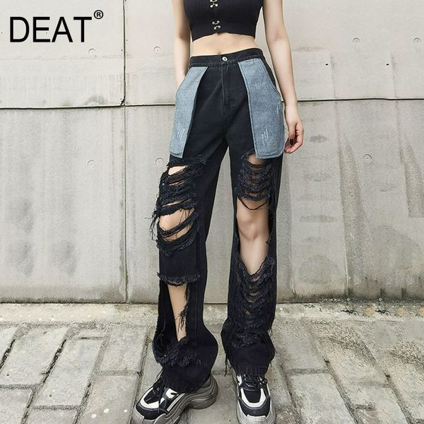

[seat] high waist wide leg jeans new loose women black ripped washed patchwork pockets trousers fashion tide ssummer 7e7755 210428, Blue
