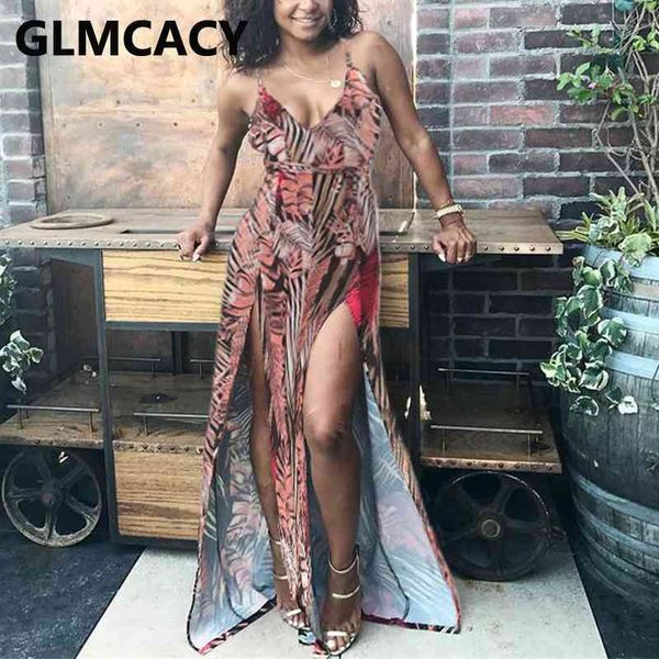 

spaghetti strap leaf printed high slit party dress 210702, Black;gray