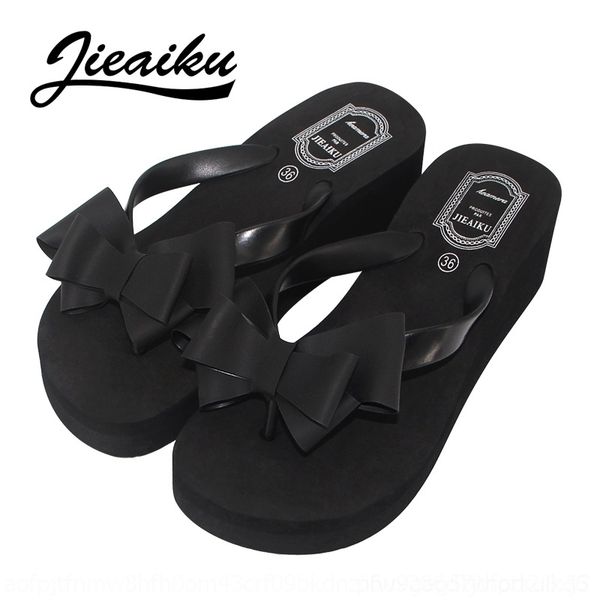 

dia korean summer bow flip-flops beach shoes and slippers slippers women's clip foot flip flop thick bottom slope heel high heel beach, Black