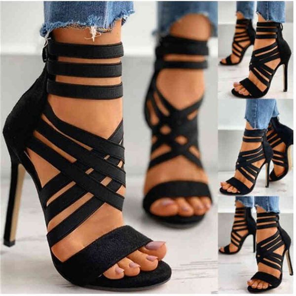 

sandals large size 41-43 summer retro women pointed toe high heels back zip ankle strap fashion classic rome shoes x5m6, Black