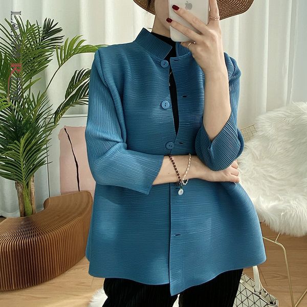 

women's pleated blouse single breasted stand collar shirt ladies solid color spring autumn arrival 2a3507 210507, White