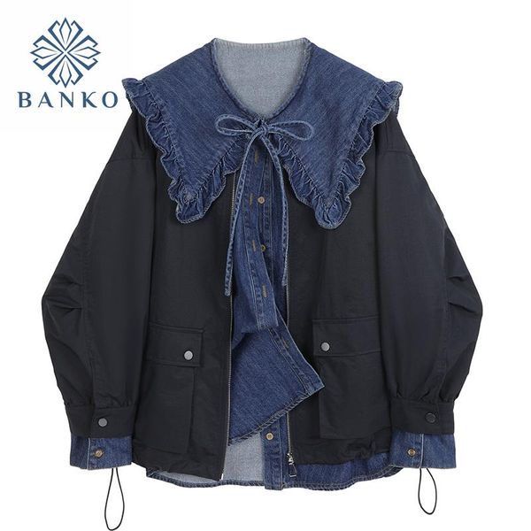 

women's denim shirts and coat outfits 2021 single breasted ruffle sailor collar cute cowboy blouses+black zipper bf jacket sets jackets, Black;brown