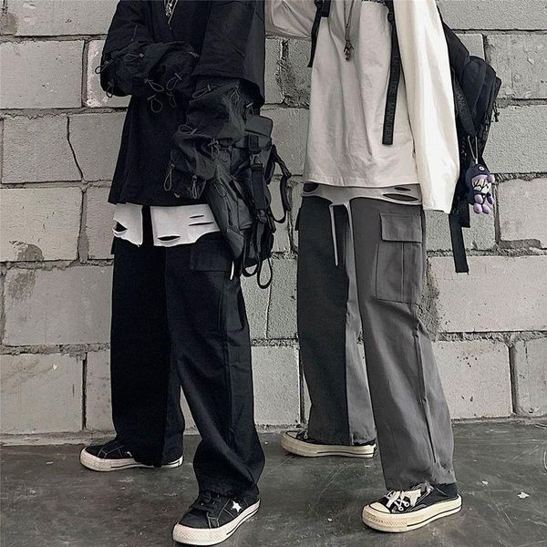 

women's pants & capris men women 2021 spring tooling wide leg pant korean trend loose pocket solid straight couple wild casual oversize, Black;white