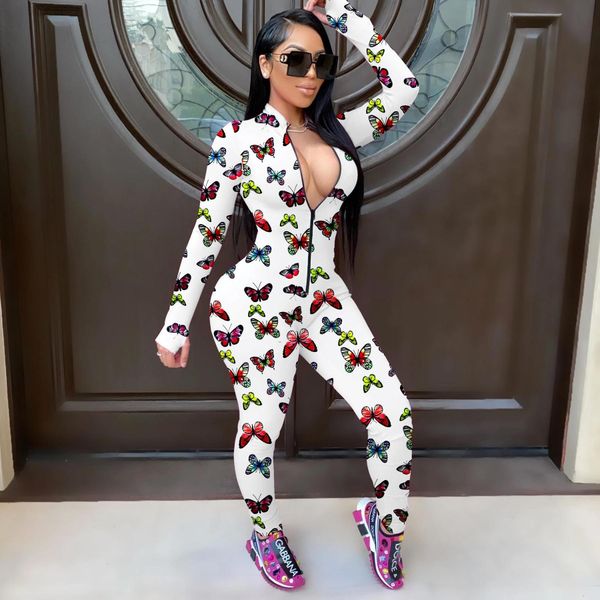 

butterfly print long sleeve women rompers bodycon front zipper clubwear outfits one piece button, Black;white
