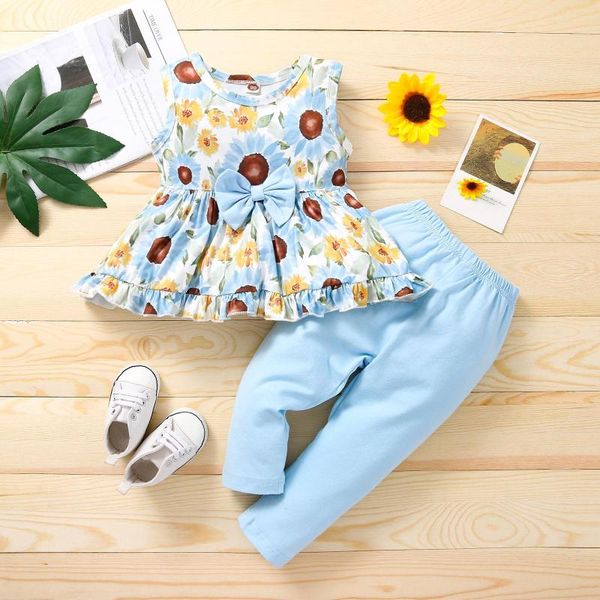 

clothing sets 2021 fashion summer toddler infant kids children's sleeveless floral print bow + pants suit (1y-5y), White