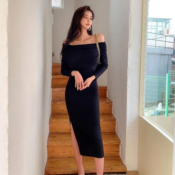 

arrival fashion spring midi party dress women ol temperament casual off-shoulder cotton slim split pencil holiday dresses, Black;gray