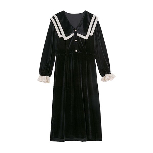 

black elegant winter long sleeve midi sashes sailor collar dress button lace velvet d3012 210514, Black;gray