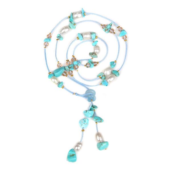

pendant necklaces 60cm bohemia blueturquoises necklace real pearl choker stone bridal long for women men jewelry fashion wholesale gift, Silver