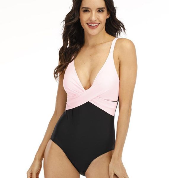 

women's swimwear deep v neck one piece swimsuit female black pink splicing high cut backless monokini bathing suit bikini#, White;black