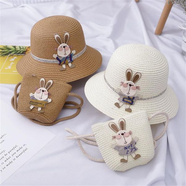 

wide brim hats summer baby girl sun hat straw cartoon cat princess sunhats with handbag kids beach uv protection bucket caps 2-8years, Blue;gray