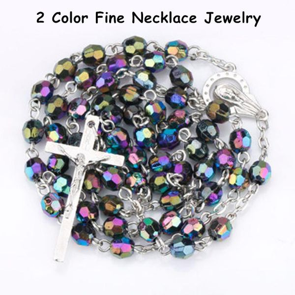 

pendant necklaces handmade bule multicolor round bead chain virgin mary jesus cross rosary necklace fashion accessories present for unisex, Silver