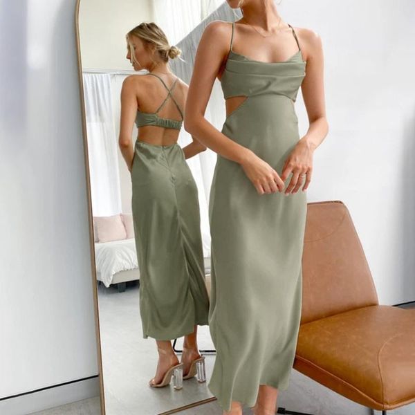 

elegant satin spaghetti strap summer cut out maxi dress women backless sleeveless party club ruched dresses long outfits casual, Black;gray