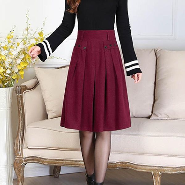 

skirts autumn winter spring women skirt plus size mid long high waist pleated woolen casual ly296, Black