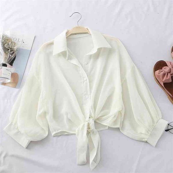 

chiffon shirts women summer half sleeve buttoned up shirt loose casual blouse tied waist elegant blouses for 210607, White