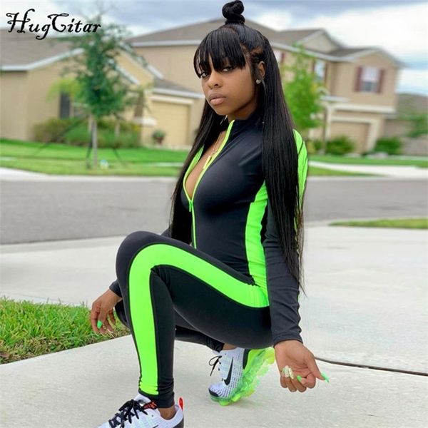 

hugcitar long sleeve striped patchwork zippers jumpsuit summer stretchy streetwear outfits body, Black;white