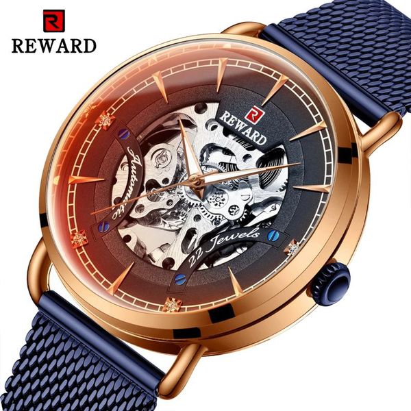 

wristwatches 2021 fashion reward watch men automatic skeleton mechanical male mesh stainless steel strap reloj hombre, Slivery;brown