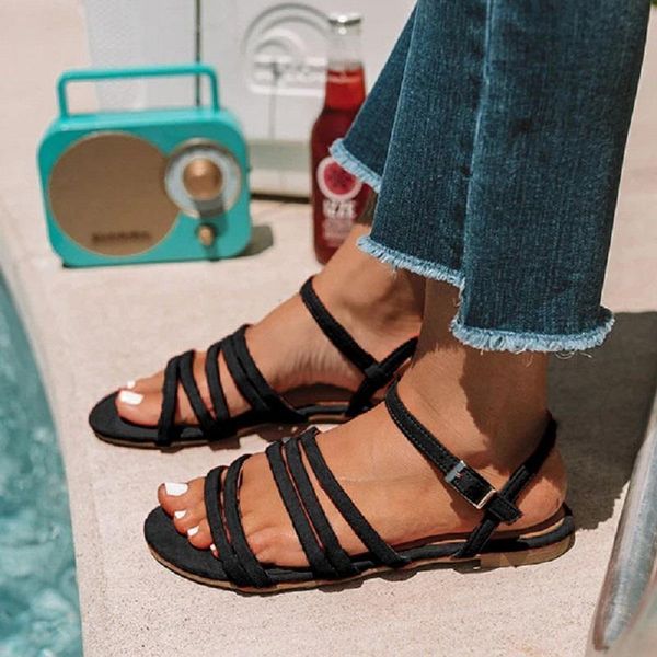 

summer women flat sandals open toe narrow band gladiator ladies shoes buckle strap casual beach sapatos femininos, Black