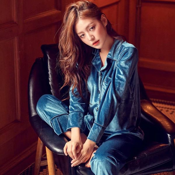 

20212pcs/lot autumn winter women pajamas sets satin velvet warm homewear pijama pyjamas suit for women, Black;red