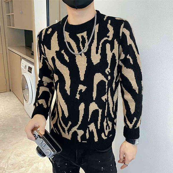 

2021 autumn zebra pattern men's long sve round neck knitted sweater korean casual social street wear pullover homme, Black
